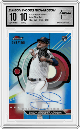 Simeon Woods Richardson from the 2023 Topps Finest set featuring a Blue Refractor parallel graded by Arena Club and given an overall grade of 10.