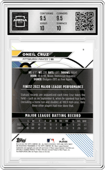 Oneil Cruz  from the 2023 Topps Finest set featuring a Purple Refractor parallel graded by Arena Club and given an overall grade of 10.