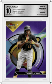Oneil Cruz  from the 2023 Topps Finest set featuring a Purple Refractor parallel graded by Arena Club and given an overall grade of 10.
