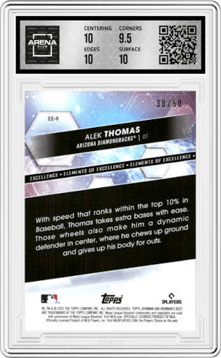 Alek Thomas from the 2022 Bowman’s Best   set featuring a Lava Refractor  parallel graded by Arena Club and given an overall grade of 10.