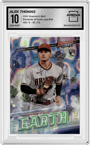 Alek Thomas from the 2022 Bowman’s Best   set featuring a Lava Refractor  parallel graded by Arena Club and given an overall grade of 10.