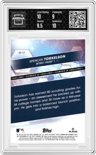Spencer Torkelson from the 2022 Bowman’s Best   set graded by Arena Club and given an overall grade of 9.5.