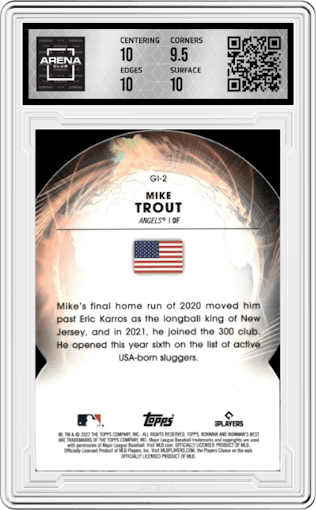 Mike Trout from the 2022 Bowman’s Best   set graded by Arena Club and given an overall grade of 10.