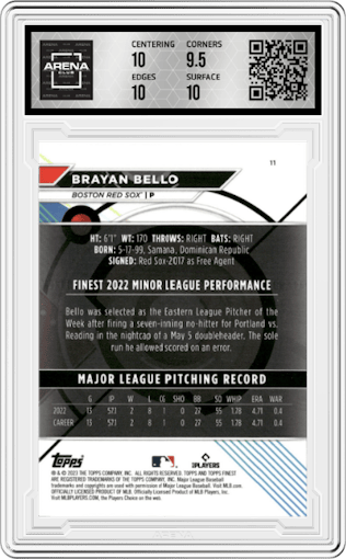 Brayan Bello from the 2023 Topps Finest set featuring a Blue/Aqua Vapor Refractor parallel graded by Arena Club and given an overall grade of 10.