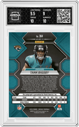 Tank Bigsby from the 2023 Panini Mosaic set featuring a Mosaic parallel graded by Arena Club and given an overall grade of 9.5.