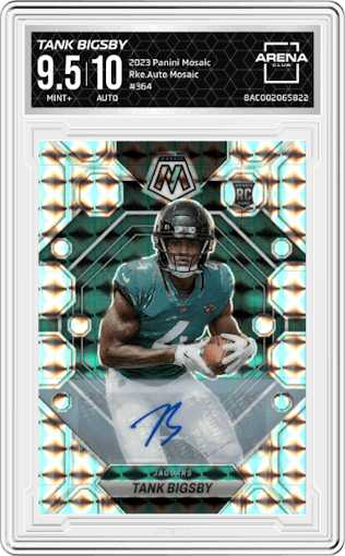 Tank Bigsby from the 2023 Panini Mosaic set featuring a Mosaic parallel graded by Arena Club and given an overall grade of 9.5.