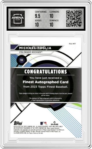 Michael Toglia from the 2023 Topps Finest set featuring a Green Wave parallel graded by Arena Club and given an overall grade of 10.