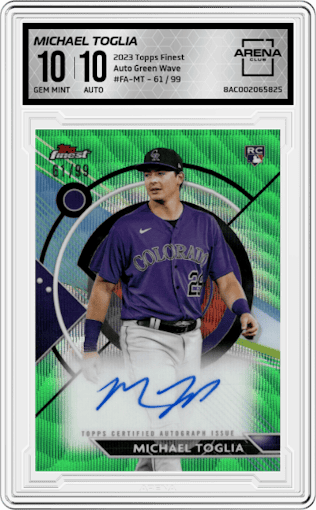 Michael Toglia from the 2023 Topps Finest set featuring a Green Wave parallel graded by Arena Club and given an overall grade of 10.