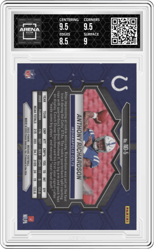 Anthony Richardson from the 2023 Panini Mosaic set graded by Arena Club and given an overall grade of 9.