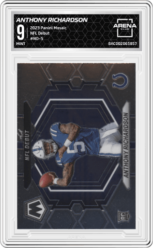Anthony Richardson from the 2023 Panini Mosaic set graded by Arena Club and given an overall grade of 9.