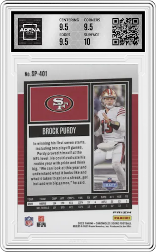 Brock Purdy from the 2022 Panini Chronicles set featuring a Silver parallel graded by Arena Club and given an overall grade of 10.