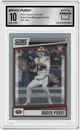 Brock Purdy from the 2022 Panini Chronicles set featuring a Silver parallel graded by Arena Club and given an overall grade of 10.