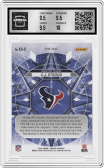 C.J. Stroud from the 2023 Panini Mosaic set graded by Arena Club and given an overall grade of 10.