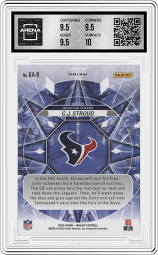 C.J. Stroud from the 2023 Panini Mosaic set graded by Arena Club and given an overall grade of 10.