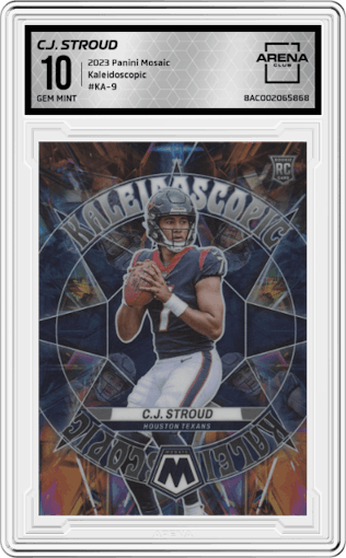 C.J. Stroud from the 2023 Panini Mosaic set graded by Arena Club and given an overall grade of 10.