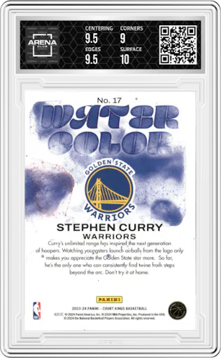 Stephen Curry from the 2023-24 Panini Court Kings set graded by Arena Club and given an overall grade of 9.5.