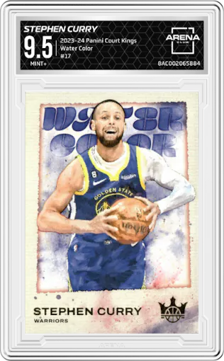 Stephen Curry from the 2023-24 Panini Court Kings set graded by Arena Club and given an overall grade of 9.5.