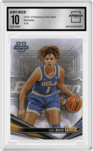 Kiki Rice from the 2022-23 Bowman University Best set featuring a Refractor parallel graded by Arena Club and given an overall grade of 10.