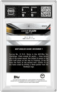Caitlin Clark from the 2022-23 Bowman University Best set featuring a Refractor parallel graded by Arena Club and given an overall grade of 9.5.