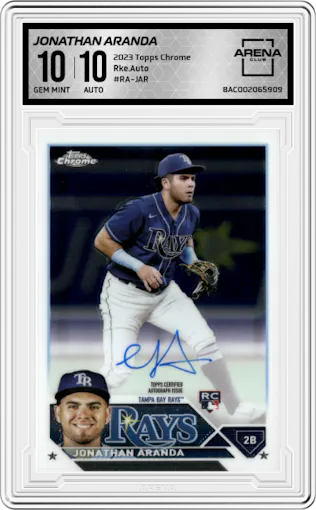 Jonathan Aranda from the 2023 Topps Chrome set graded by Arena Club and given an overall grade of 10.