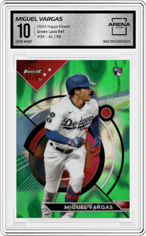 Miguel Vargas from the 2023 Topps Finest set featuring a Green Lava Refractor parallel graded by Arena Club and given an overall grade of 10.