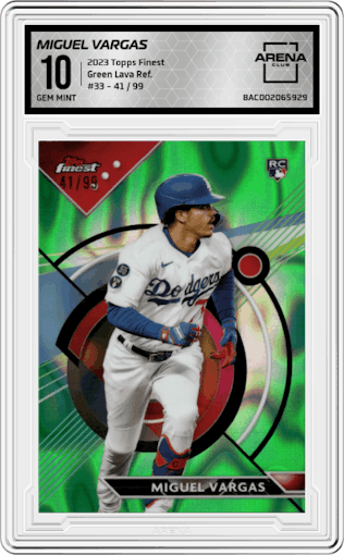 Miguel Vargas from the 2023 Topps Finest set featuring a Green Lava Refractor parallel graded by Arena Club and given an overall grade of 10.