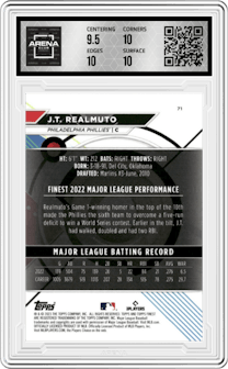 J.T. Realmuto from the 2023 Topps Finest set featuring a Green Lava Refractor parallel graded by Arena Club and given an overall grade of 10.