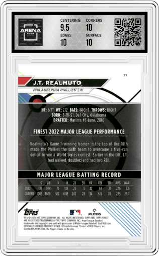 J.T. Realmuto from the 2023 Topps Finest set featuring a Green Lava Refractor parallel graded by Arena Club and given an overall grade of 10.