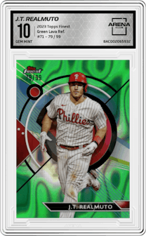 J.T. Realmuto from the 2023 Topps Finest set featuring a Green Lava Refractor parallel graded by Arena Club and given an overall grade of 10.
