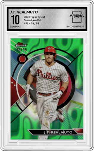 J.T. Realmuto from the 2023 Topps Finest set featuring a Green Lava Refractor parallel graded by Arena Club and given an overall grade of 10.
