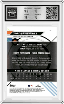 Yordan Alvarez from the 2023 Topps Finest set featuring a Green Refractor parallel graded by Arena Club and given an overall grade of 10.