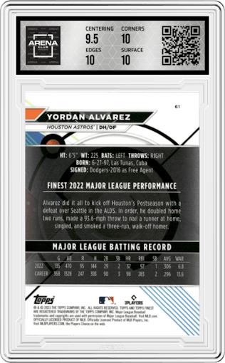 Yordan Alvarez from the 2023 Topps Finest set featuring a Green Refractor parallel graded by Arena Club and given an overall grade of 10.