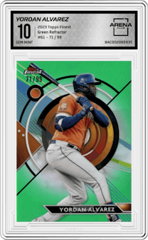 Yordan Alvarez from the 2023 Topps Finest set featuring a Green Refractor parallel graded by Arena Club and given an overall grade of 10.