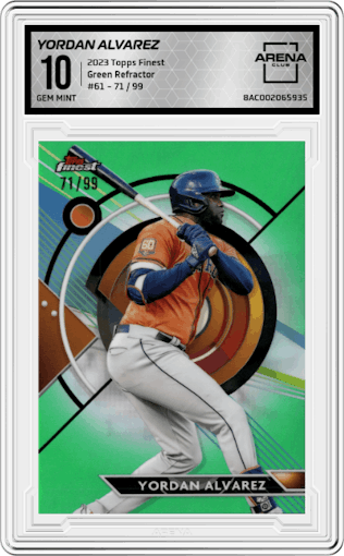 Yordan Alvarez from the 2023 Topps Finest set featuring a Green Refractor parallel graded by Arena Club and given an overall grade of 10.