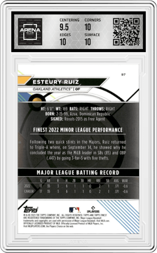 Esteury Ruiz from the 2023 Topps Finest set featuring a Green Lava Refractor parallel graded by Arena Club and given an overall grade of 10.