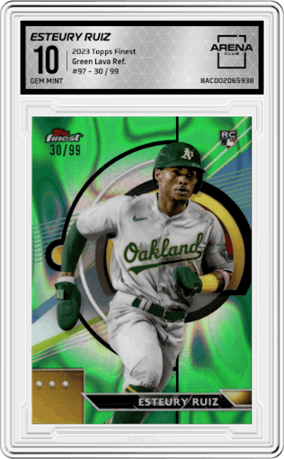 Esteury Ruiz from the 2023 Topps Finest set featuring a Green Lava Refractor parallel graded by Arena Club and given an overall grade of 10.