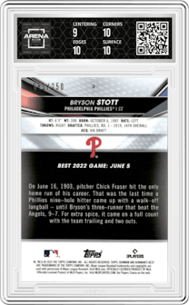 Bryson Stott from the 2022 Bowman’s Best   set featuring a  Purple Refractor parallel graded by Arena Club and given an overall grade of 9.5.