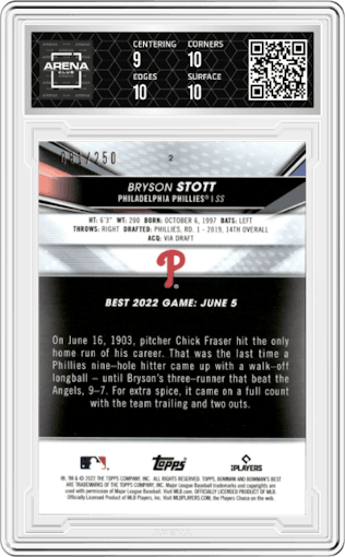 Bryson Stott from the 2022 Bowman’s Best   set featuring a  Purple Refractor parallel graded by Arena Club and given an overall grade of 9.5.
