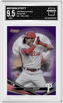 Bryson Stott from the 2022 Bowman’s Best   set featuring a  Purple Refractor parallel graded by Arena Club and given an overall grade of 9.5.