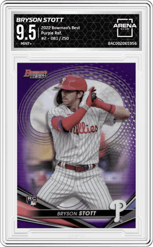 Bryson Stott from the 2022 Bowman’s Best   set featuring a  Purple Refractor parallel graded by Arena Club and given an overall grade of 9.5.