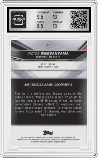 Victor Wembanyama from the 2022-23 Bowman University Best set graded by Arena Club and given an overall grade of 10.
