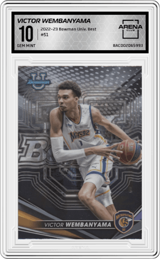 Victor Wembanyama from the 2022-23 Bowman University Best set graded by Arena Club and given an overall grade of 10.