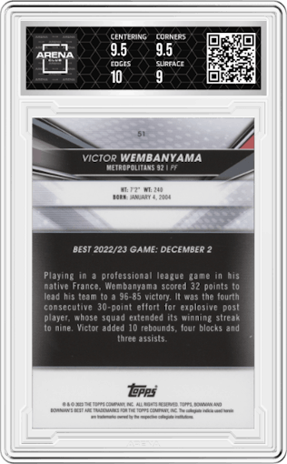 Victor Wembanyama from the 2022-23 Bowman University Best set graded by Arena Club and given an overall grade of 9.5.
