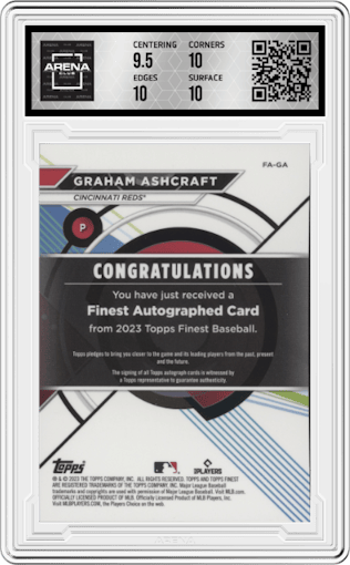 Graham Ashcraft from the 2023 Topps Finest set graded by Arena Club and given an overall grade of 10.