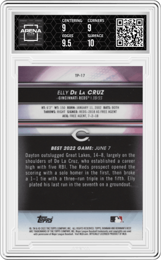 Elly De La Cruz from the 2022 Bowman’s Best   set graded by Arena Club and given an overall grade of 9.5.