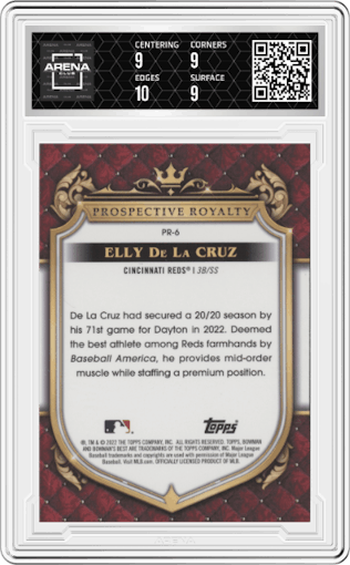 Elly De LA Cruz from the 2022 Bowman’s Best   set graded by Arena Club and given an overall grade of 9.5.