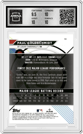 Paul Goldschmidt from the 2023 Topps Finest set featuring a Purple Refractor parallel graded by Arena Club and given an overall grade of 10.
