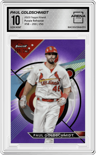 Paul Goldschmidt from the 2023 Topps Finest set featuring a Purple Refractor parallel graded by Arena Club and given an overall grade of 10.