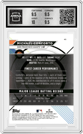 Michael Conforto from the 2023 Topps Finest set featuring a Rose Gold Refractor parallel graded by Arena Club and given an overall grade of 10.
