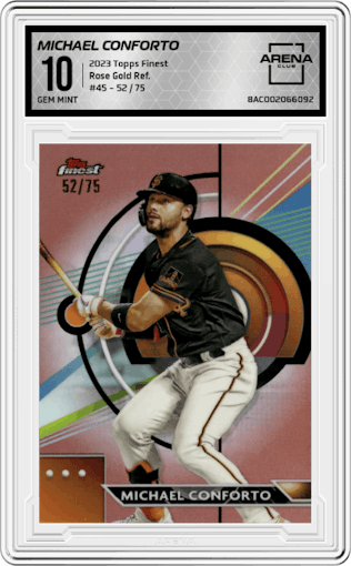 Michael Conforto from the 2023 Topps Finest set featuring a Rose Gold Refractor parallel graded by Arena Club and given an overall grade of 10.